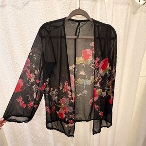 Sheer Black Floral Kimono Cover-Up